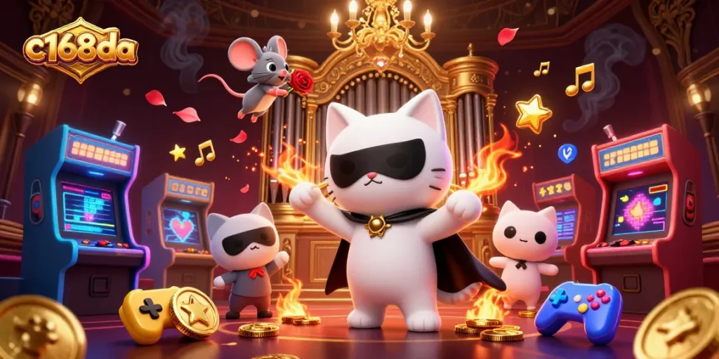 C168da offers thrilling gameplay with a phantom cat and a mouse acrobat in a vibrant casino scene.