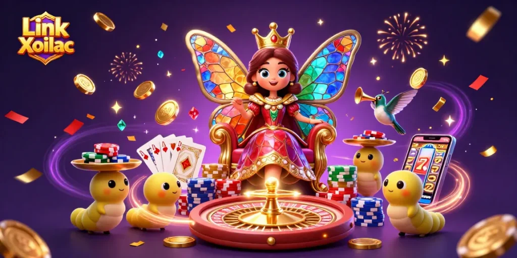 Experience the thrill of Link Xoilac with vibrant casino elements and magical characters.