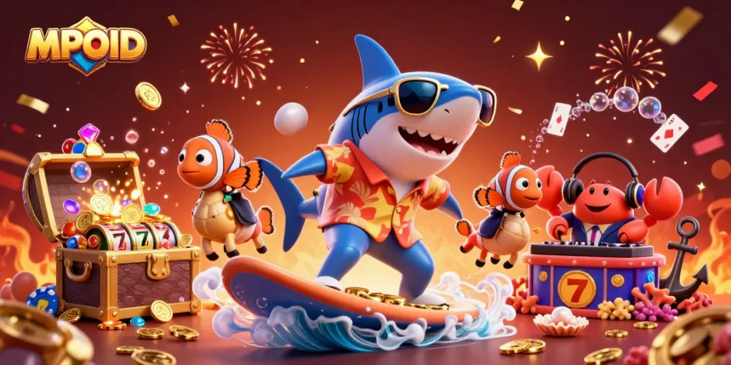 MPOID showcases a vibrant underwater casino scene with a shark surfing gold coins and playful characters.