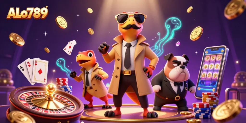 Experience thrilling bets and excitement with ALo789 in a vibrant casino scene featuring animated characters.