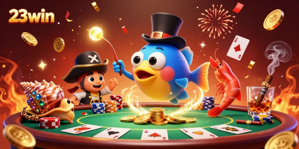 Engage in thrilling gameplay at 23win, featuring a pirate shrimp and sparkling treasures.