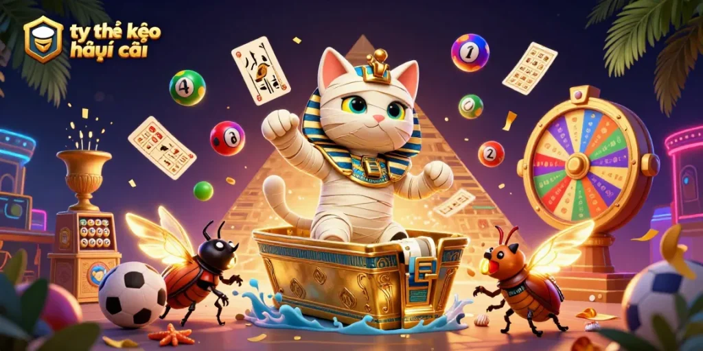The scene showcases the dynamic interaction of gaming elements with tỷ lệ kèo nhà cái at its core, featuring Egyptian cat and scarab, during a thrilling gambling adventure.