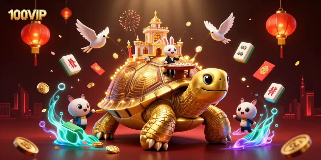 Experience thrilling gameplay with 100VIP's vibrant casino scene featuring a giant tortoise and rich elements.