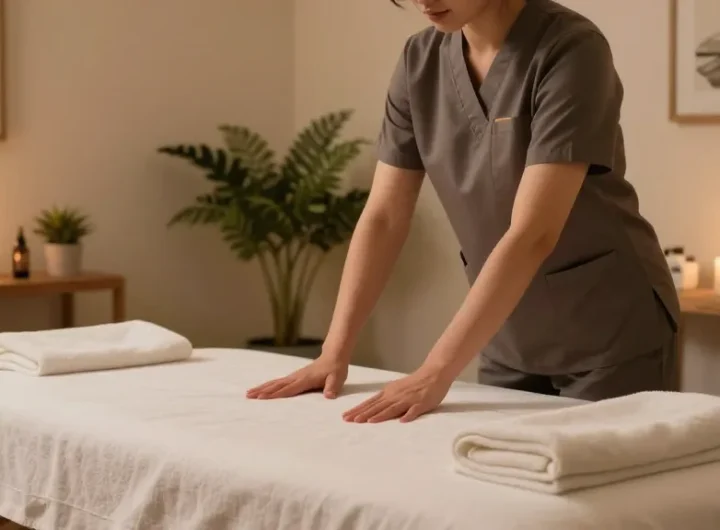편안한 분위기의 1인샵 마사지 치료실에서 아로마 오일과 수건을 준비하는 마사지 테라피스트의 모습.
