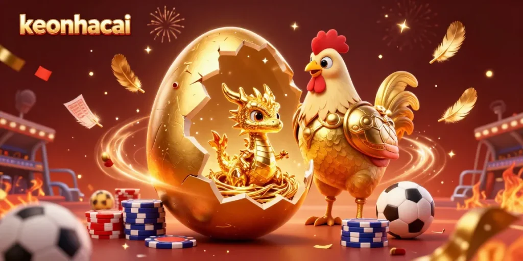 Engage with keonhacai by watching the golden baby dragon emerge from a nest of poker chips amidst thrilling sports betting elements.