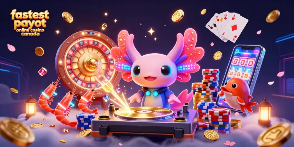 Experience the fastest payout online casino Canada with neon-colored axolotl DJ and energetic casino elements.