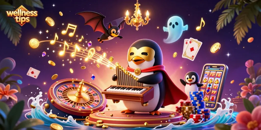 Engaging wellness tips illustrated with 3D casino elements featuring a penguin organist amidst golden coins and vibrant game symbols.