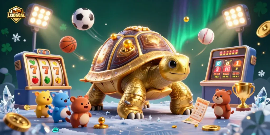 Engage with LGOGOAL's exciting slot experience amidst a vibrant, dynamic casino-themed environment.