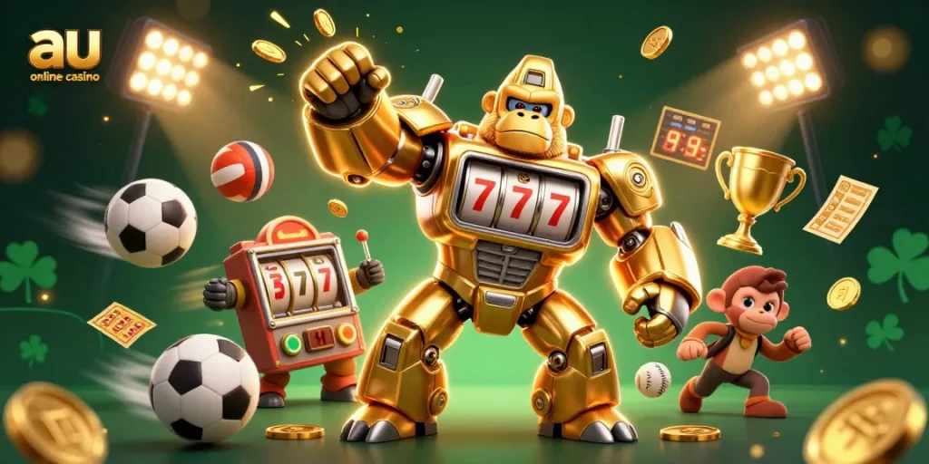 Experience excitement at au online casino with dynamic 3D characters and vibrant gambling elements.