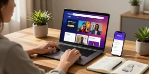 Pengguna menikmati platform Katsu5 di laptop di ruang kerja yang nyaman.