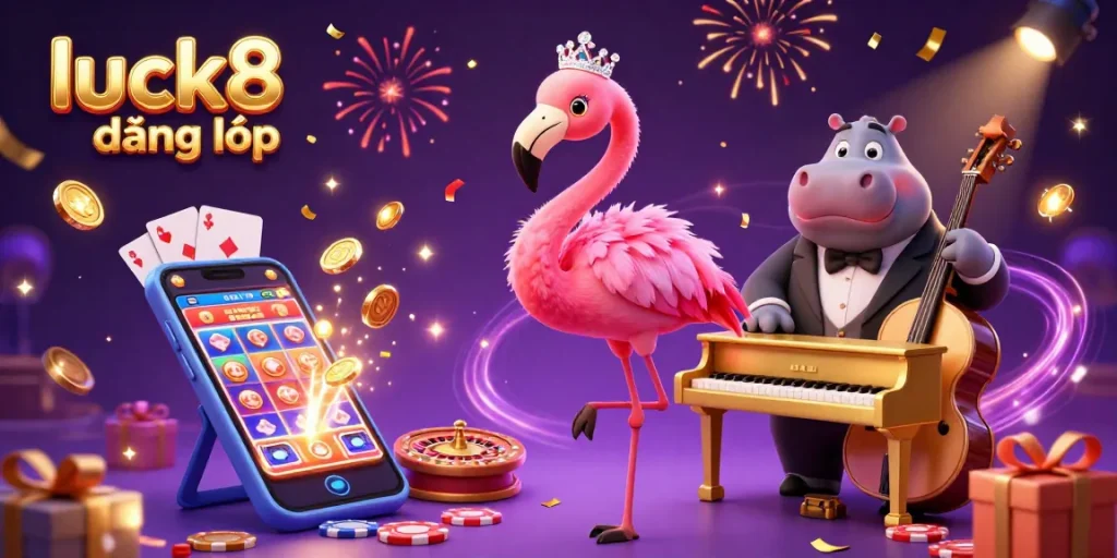 Experience excitement with luck8 đăng nhập in this vibrant casino scene of a flamingo singer and hippo bassist.