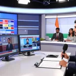 Live news broadcast scene at https://www.theindaily.com with journalist presenting trending Indian news.