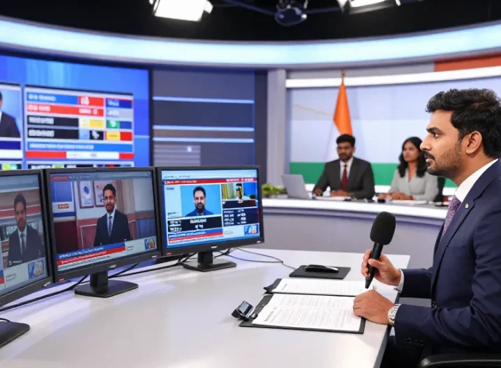 Live news broadcast scene at https://www.theindaily.com with journalist presenting trending Indian news.