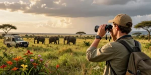 NAGA2000 traveler observing elephants at Kidepo Valley National Park, showcasing the beauty of Uganda's wilderness.