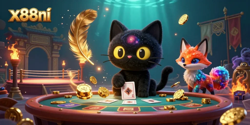 Join the cosmic casino adventure at x88ni with a black hole cat and colorful fox, winning golden chips.