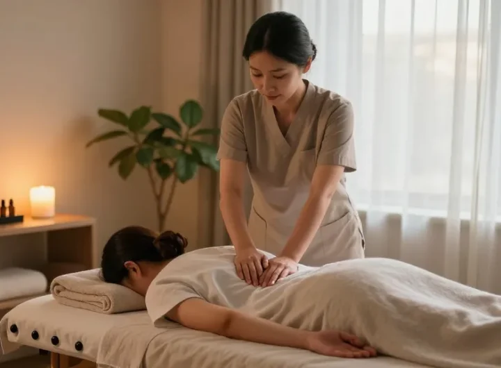 마사지 테라피가 진행되는 아늑한 스튜디오 내부