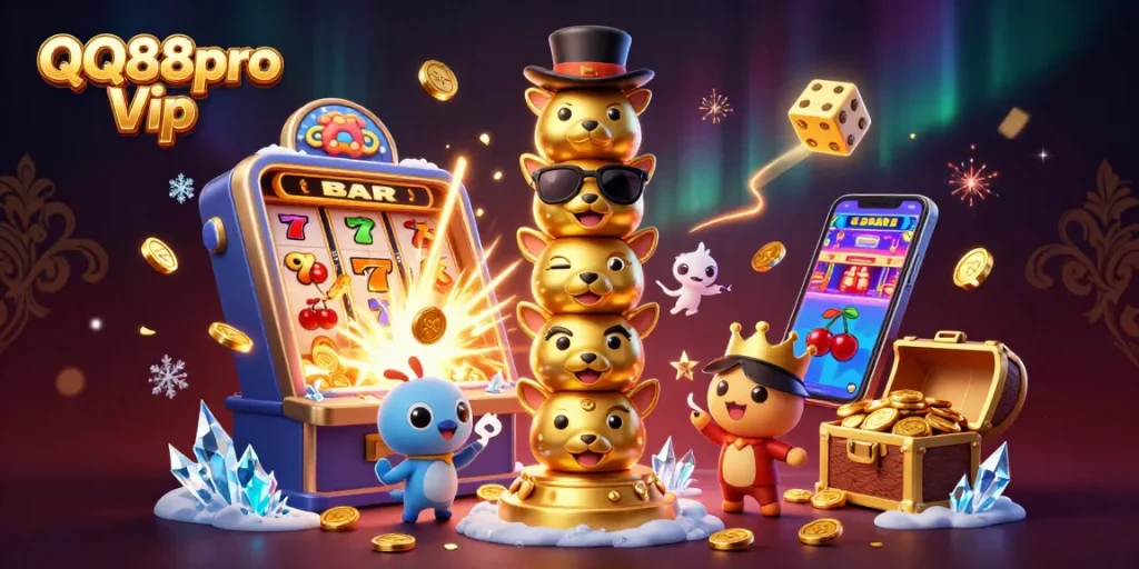 Play exciting casino games at QQ88pro Vip with vibrant illustrations of slots and fun casino elements.