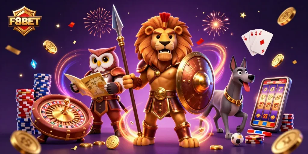 Experience dynamic gameplay at F8BET with a Spartan lion, owl strategist, and greyhound messenger amid cascading coins.